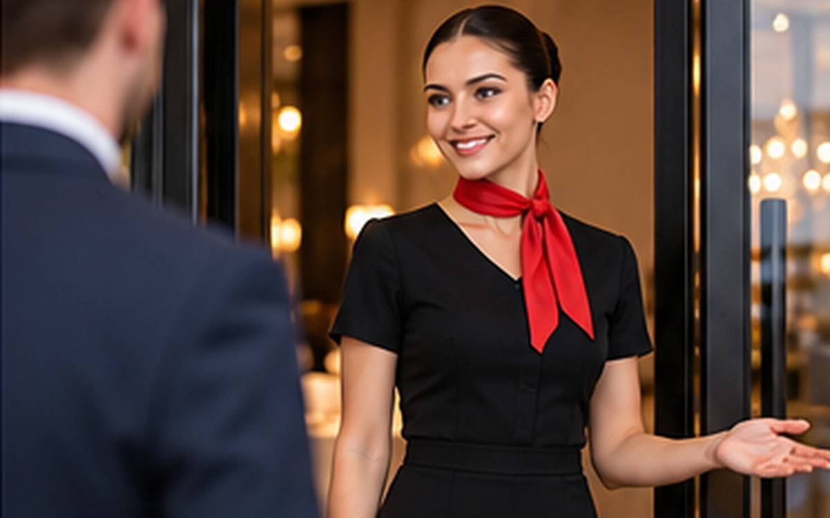 Kurumsal etkinlik girişinde misafiri karşılayan ve yönlendiren karşılama hostesi